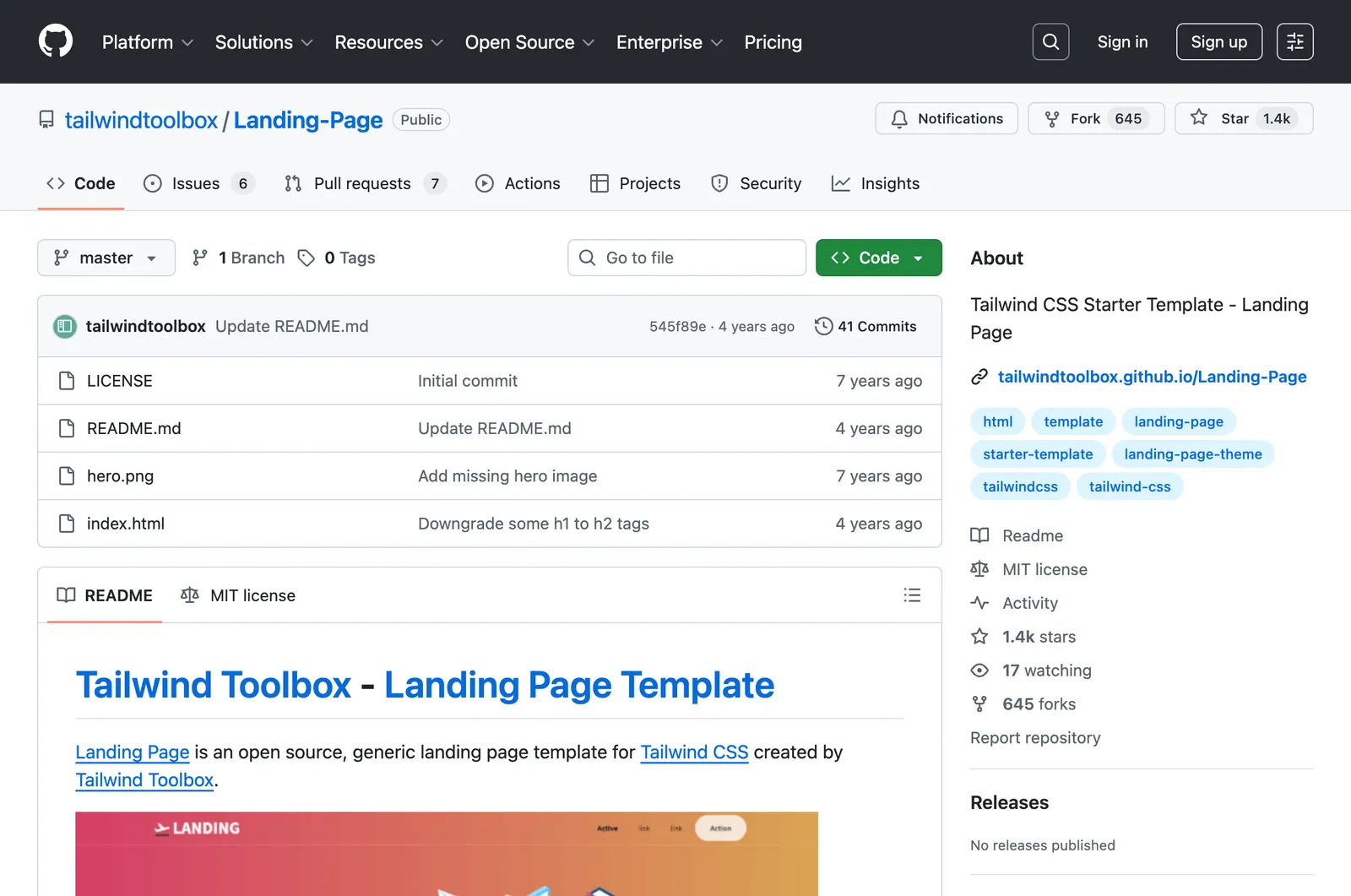 Screenshot reference for Tailwind Toolbox (landing page template)