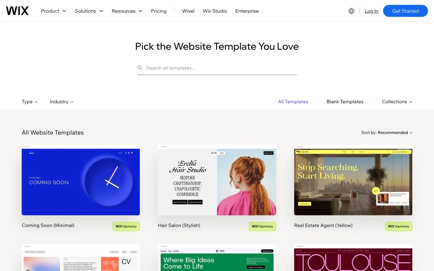 Screenshot reference for Wix Website Templates