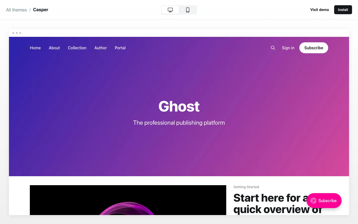 Screenshot reference for Ghost Casper Theme