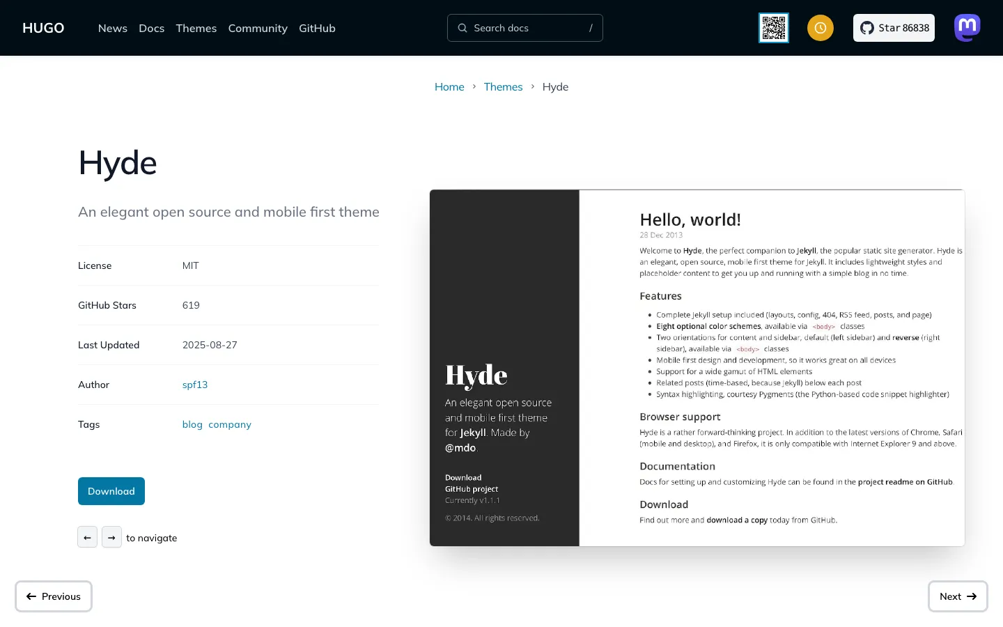 Screenshot reference for Hugo Hyde Theme