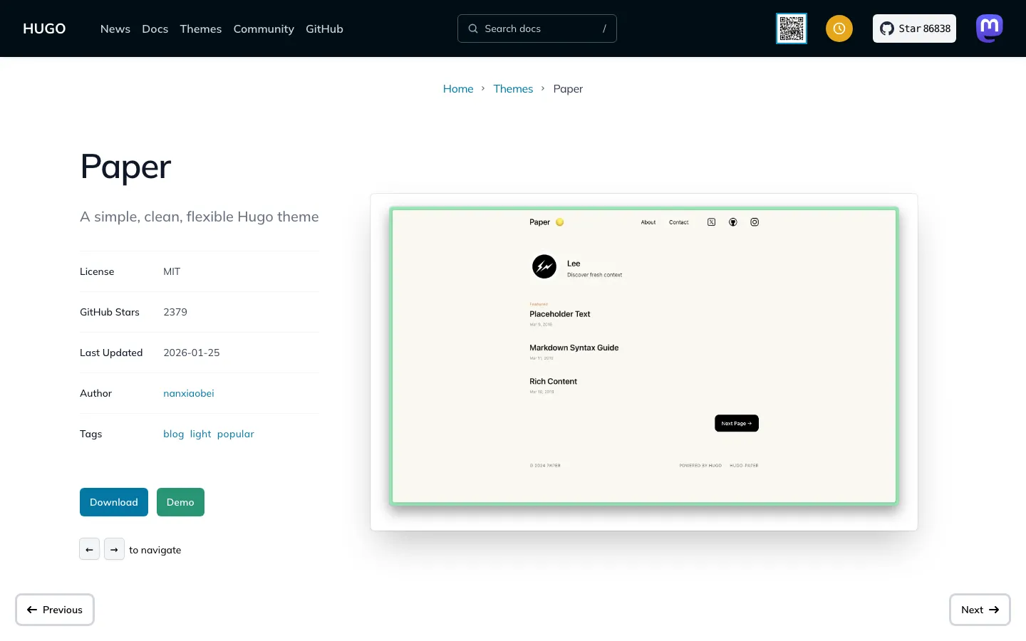 Screenshot reference for Hugo Paper Theme